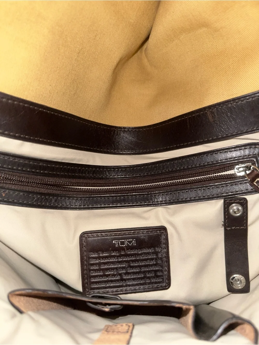 Tumi Tan Canvas Messenger Bag with Dark Brown Leather Trim
